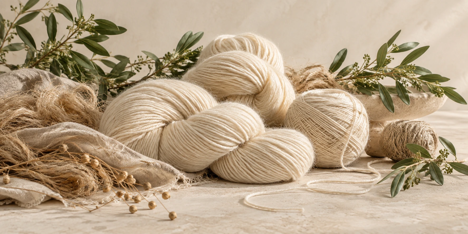 A composition of natural yarn skeins, plant fibres and green branches